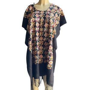 Mexican Embroidered Poncho Chiapas Floral Black Fringed Boho Festival Tunic